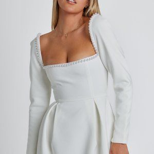 Square Neckline Bead Trim Long Sleeve A-line Mini Dress